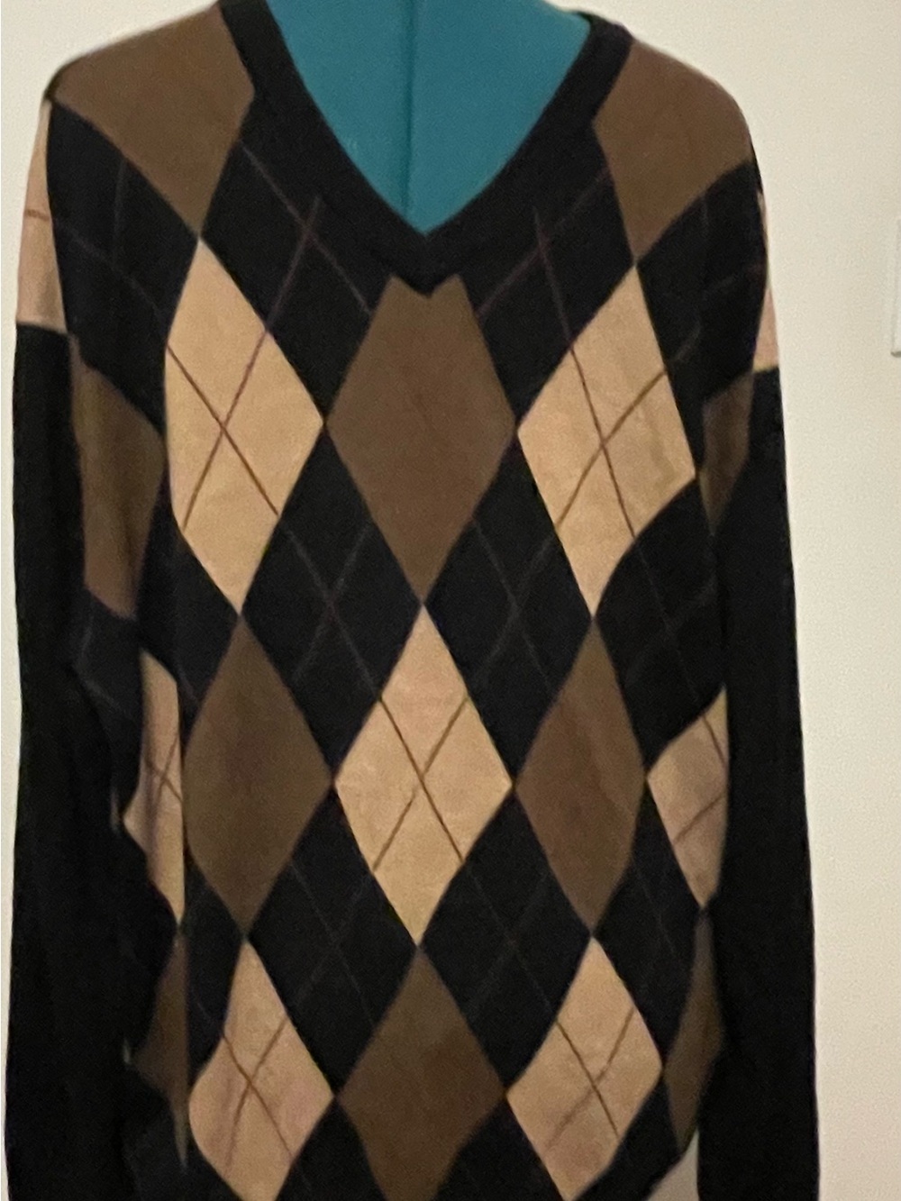Roundtree & Yorke Men's V-Neck Argyle Sweater in Black and Brown